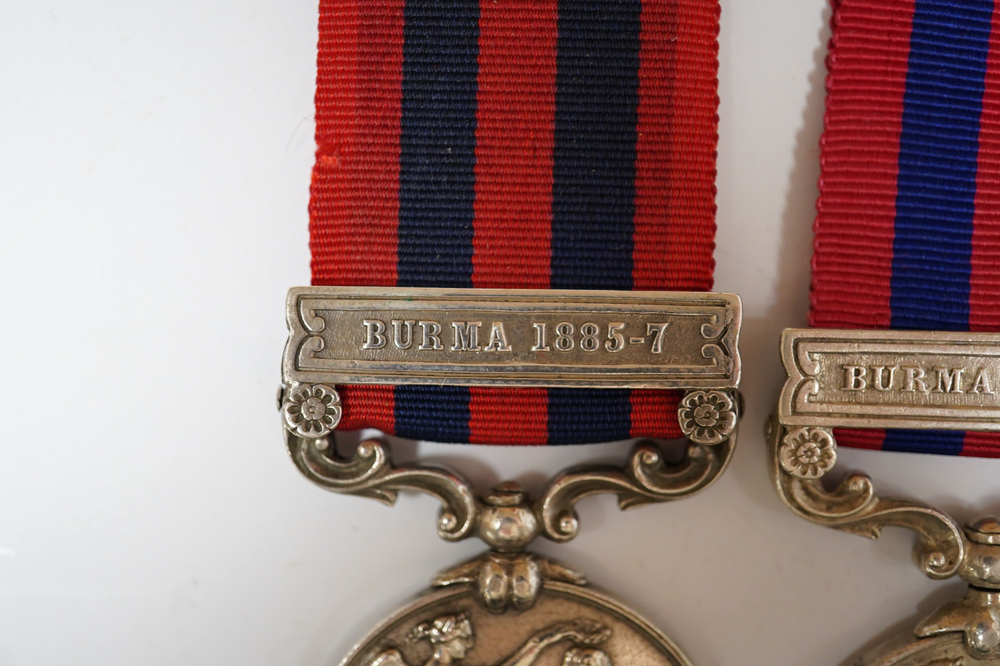 An India General Service Medal with Burma 1887-89 clasp Indian recipient, naming indistinct and another with Burma 1885-87 clasp to 15 Pte Mahomed Khan Milty Police